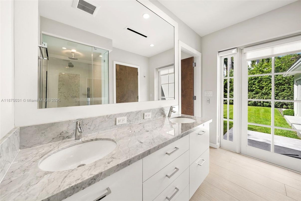 Bathroom, Dual Sink Vanities, Glass Shower, Interior, Recessed Lighting, Wood Texture Flooring