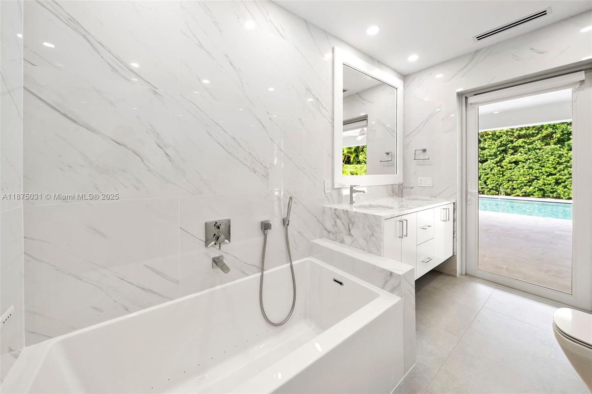 Bathroom, Interior, Marble Walls, Recessed Lighting