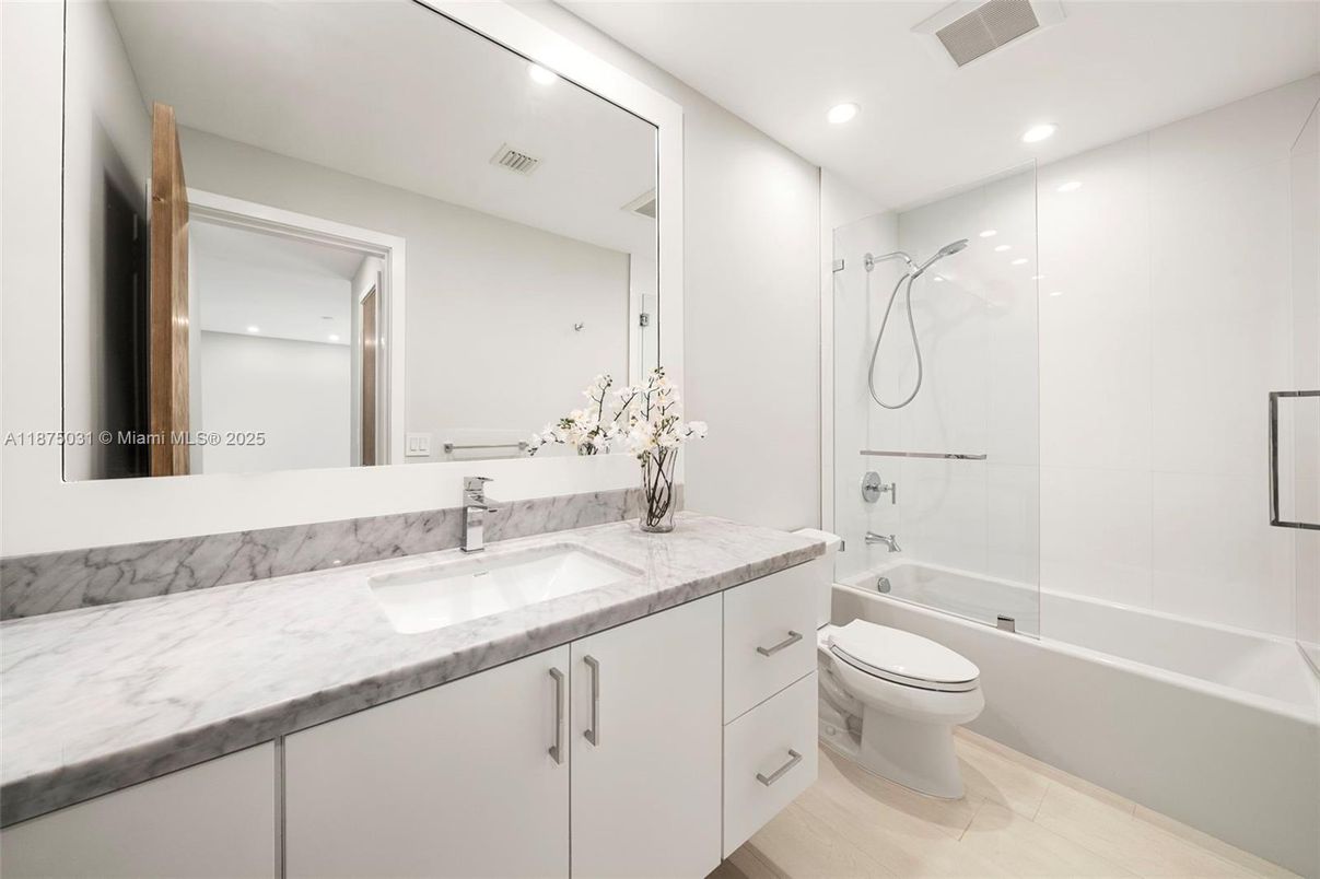 Bathroom, Glass Shower, Interior, Recessed Lighting, Wood Texture Flooring