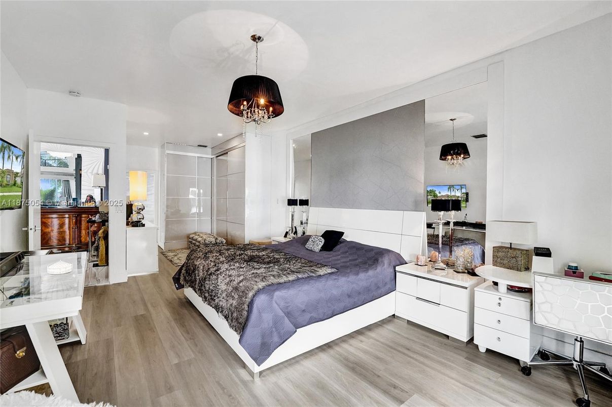 Bedroom, Chandelier, Interior, Pendant Lights, Recessed Lighting, Wood Texture Flooring