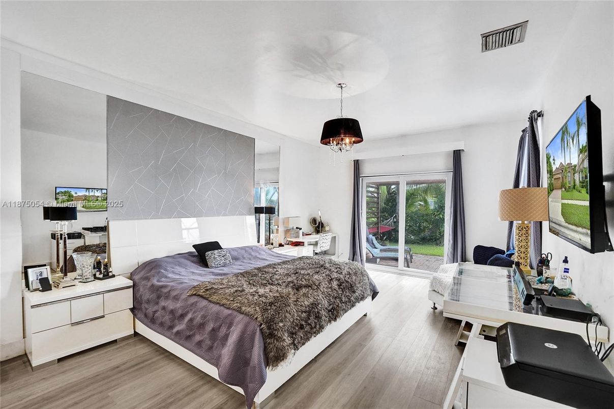 Bedroom, Chandelier, Interior, Wood Texture Flooring