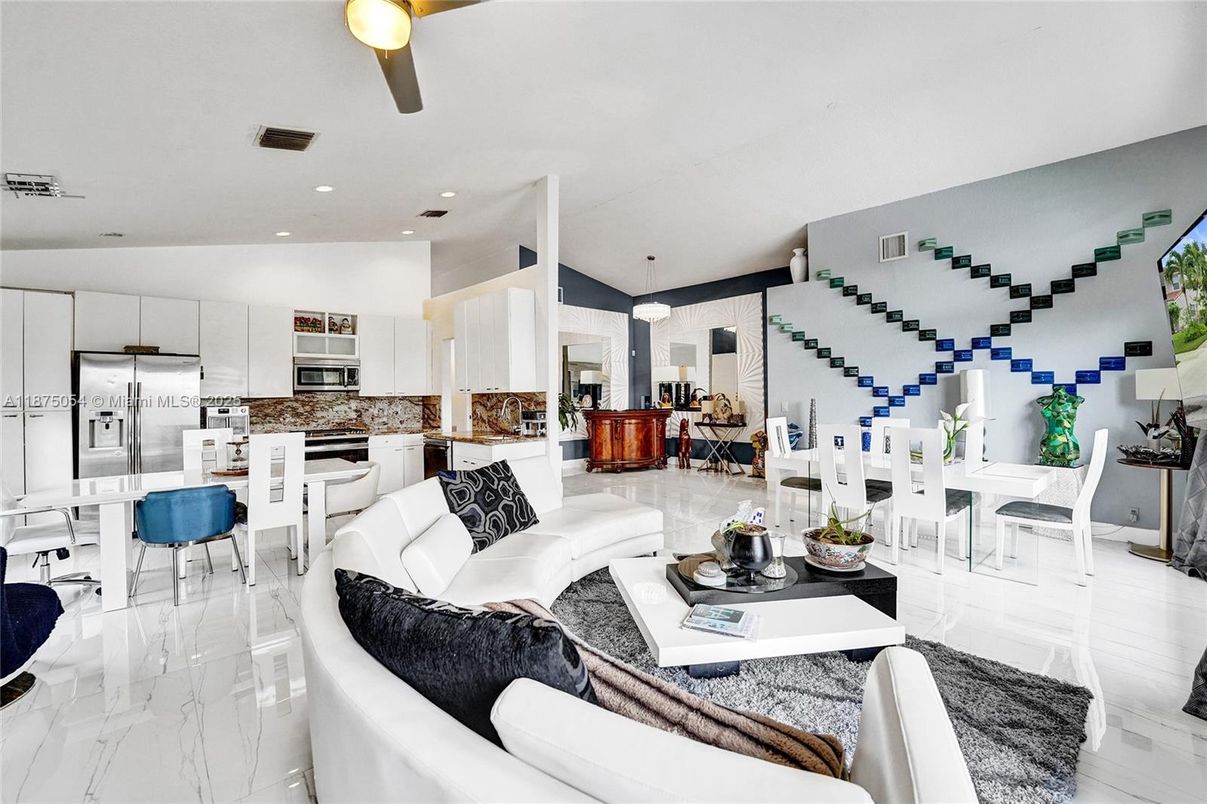 Dining room, Interior, Kitchen, Living room, Marble, Pendant Lights, Recessed Lighting, Stainless Steel Appliances