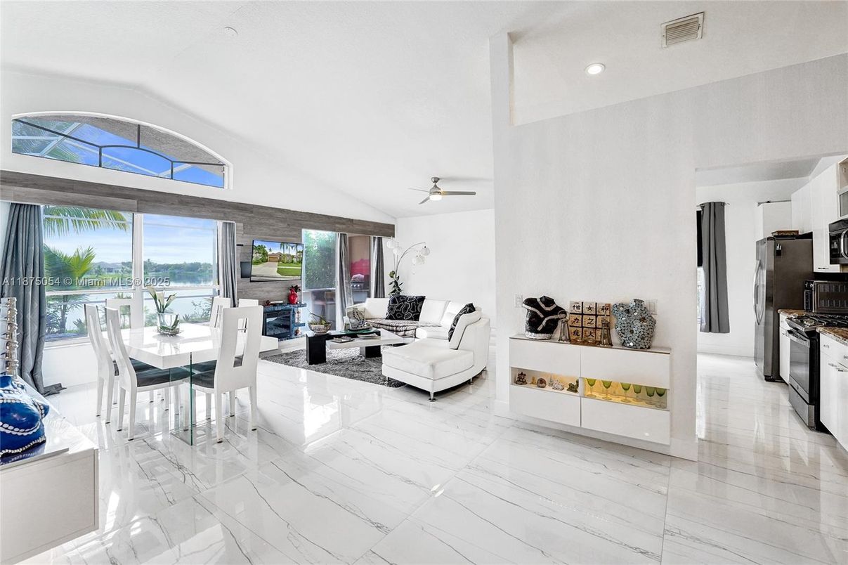 Dining room, Interior, Kitchen, Living room, Marble, Recessed Lighting, Stainless Steel Appliances, Water