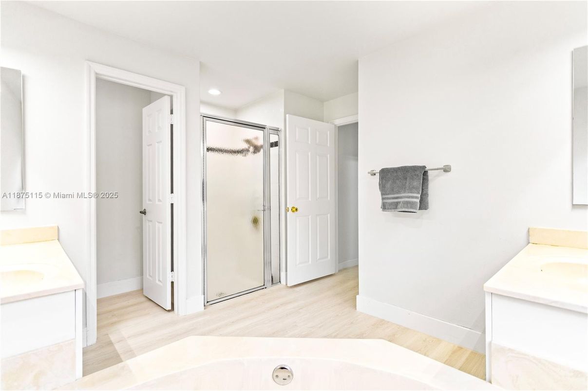 Bathroom, Glass Shower, Interior, Recessed Lighting, Wood Texture Flooring