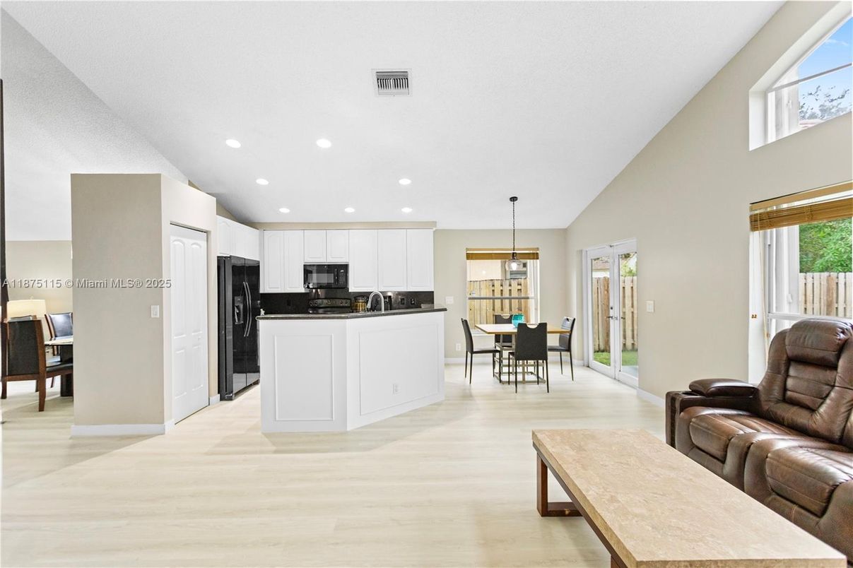 Dining room, Interior, Kitchen, Living room, Pendant Lights, Recessed Lighting, Wood Texture Flooring