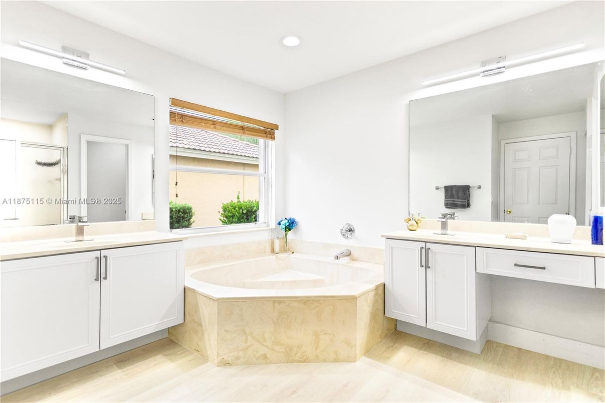Bathroom, Dual Sink Vanities, Interior, Recessed Lighting, Wood Texture Flooring