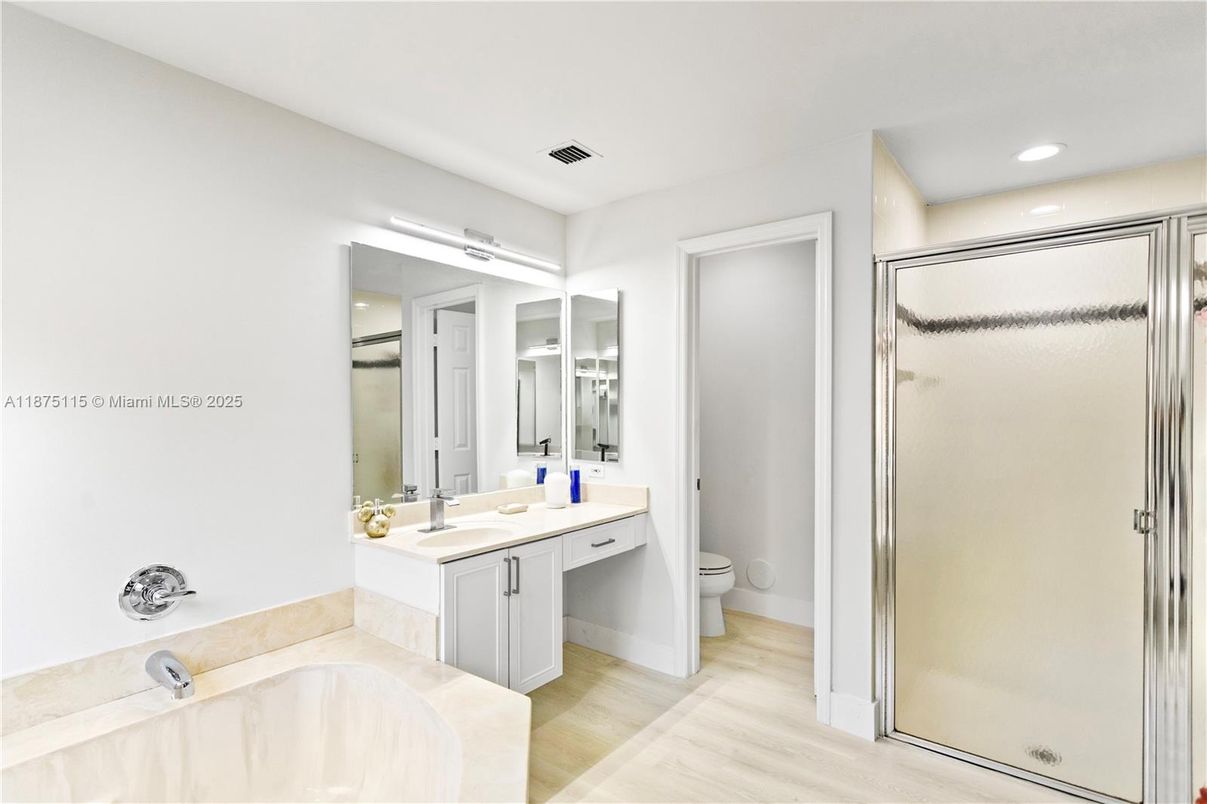 Bathroom, Glass Shower, Interior, Recessed Lighting, Wood Texture Flooring
