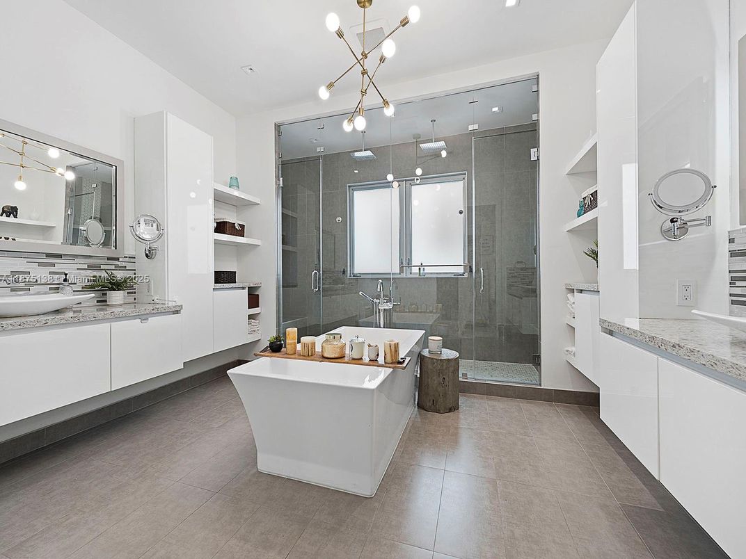 Bathroom, Dual Sink Vanities, Free Standing Baths, Glass Shower, Interior, Pendant Lights, Recessed Lighting
