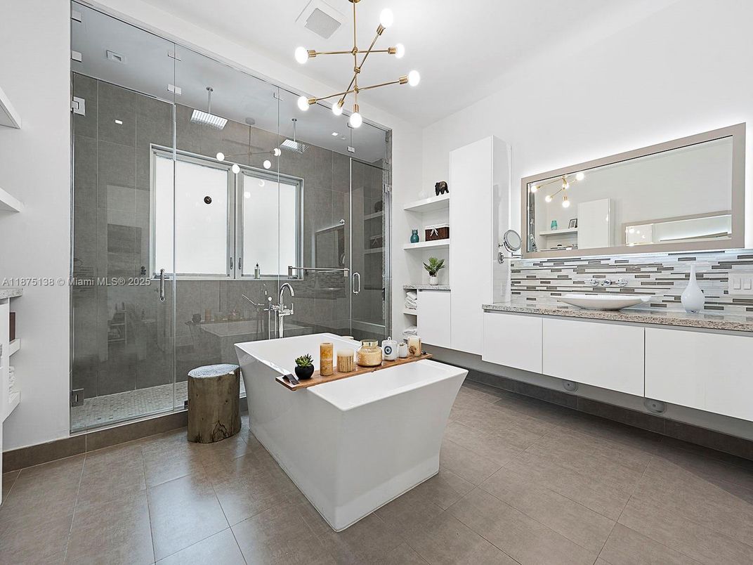 Bathroom, Dual Sink Vanities, Free Standing Baths, Glass Shower, Interior, Pendant Lights