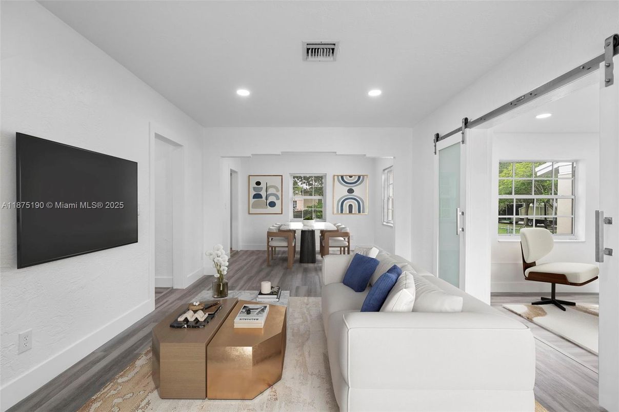 Dining room, Interior, Living room, Recessed Lighting, Wood Texture Flooring