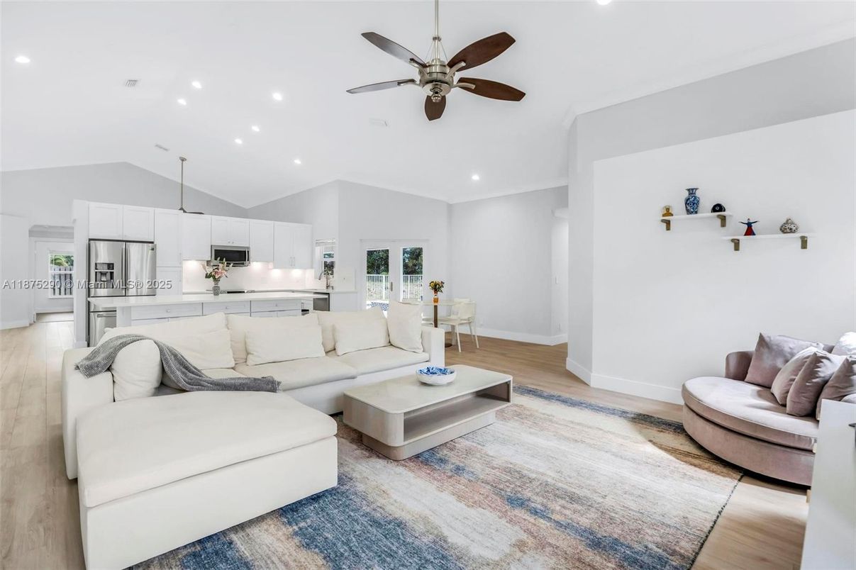 Interior, Kitchen, Living room, Recessed Lighting, Stainless Steel Appliances, Wood Texture Flooring