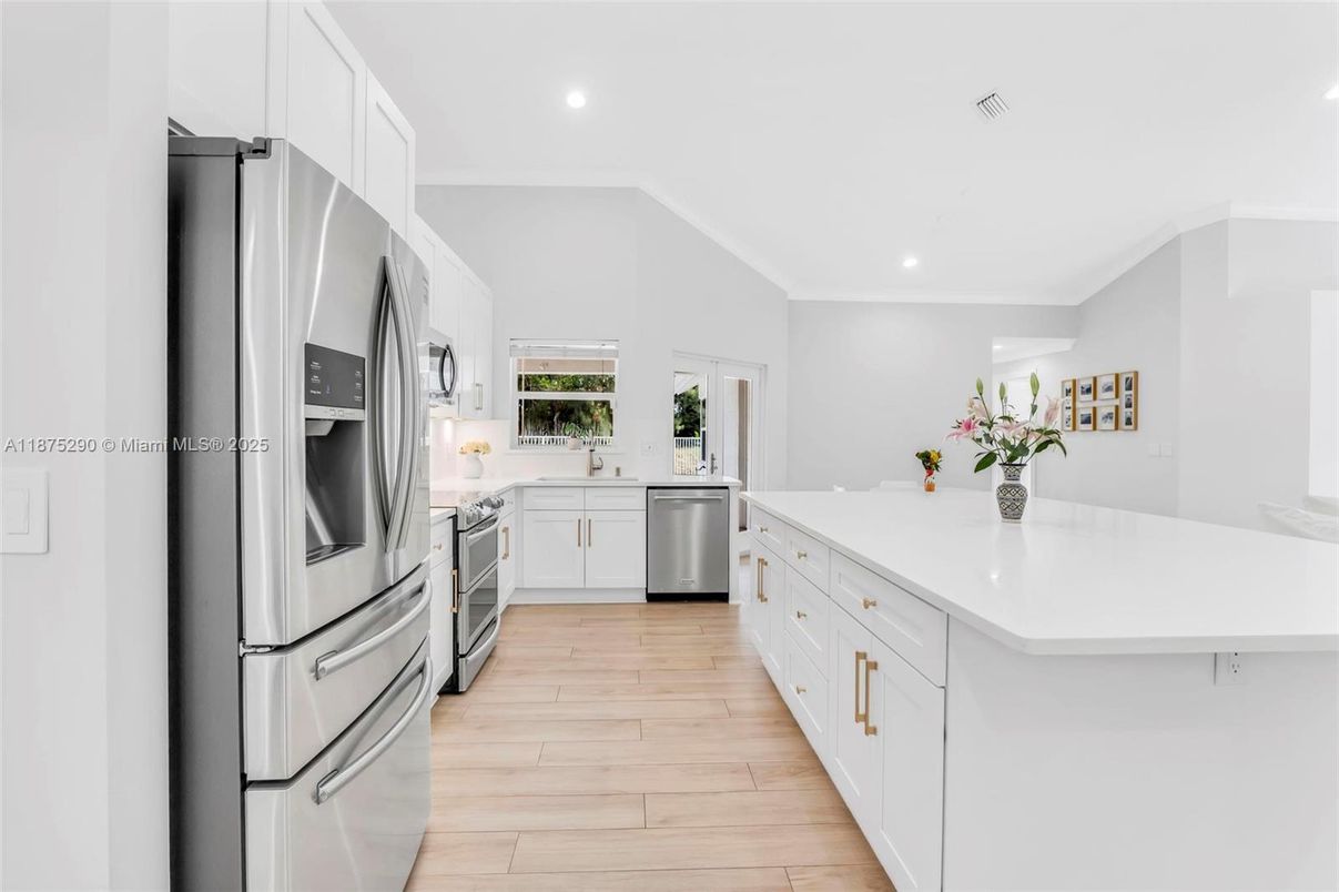 Interior, Kitchen, Recessed Lighting, Stainless Steel Appliances, Wood Texture Flooring