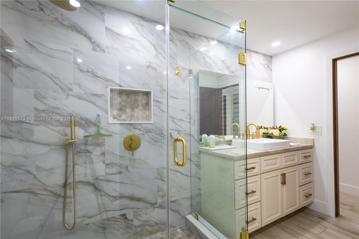 Bathroom, Glass Shower, Interior, Marble Walls, Recessed Lighting, Wood Texture Flooring