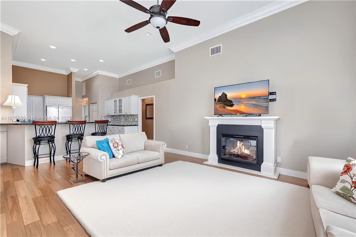 Fireplace, Interior, Kitchen, Living room, Recessed Lighting, Wood Texture Flooring