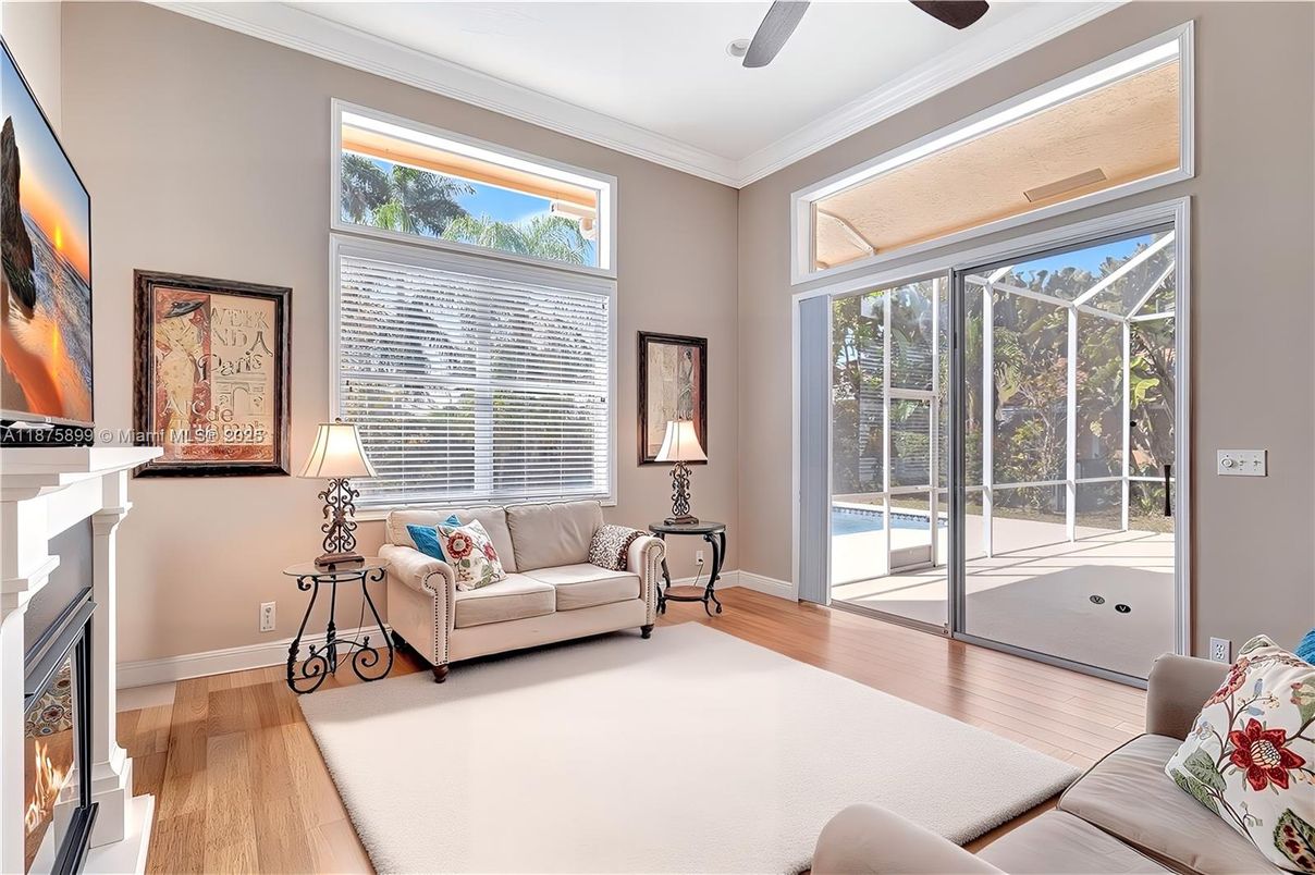 Fireplace, Interior, Living room, Sun Room, Wood Texture Flooring