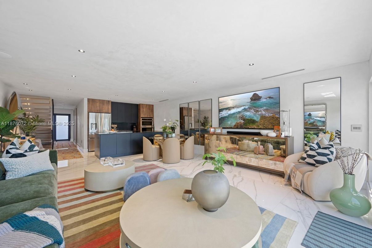 Dining room, Interior, Kitchen, Living room, Recessed Lighting, Stainless Steel Appliances, Wood Texture Flooring