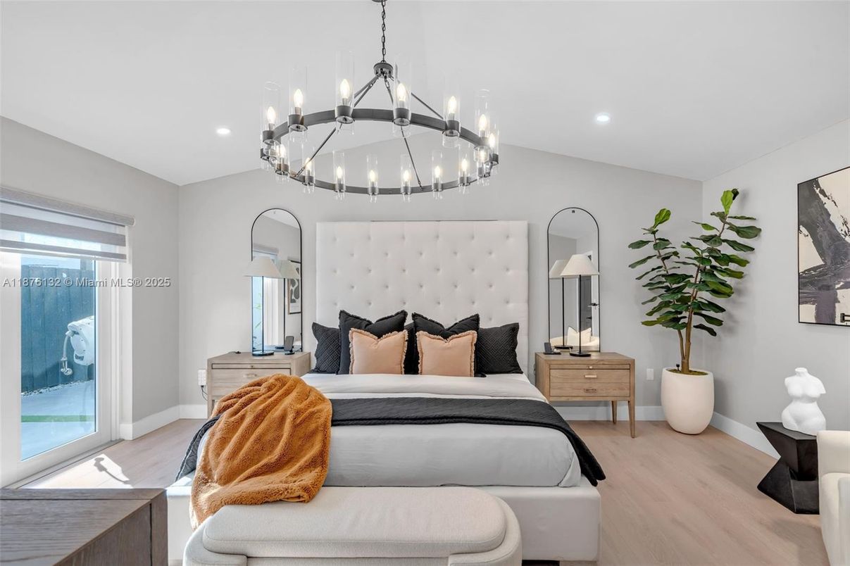 Bedroom, Chandelier, Interior, Pendant Lights, Recessed Lighting, Wood Texture Flooring