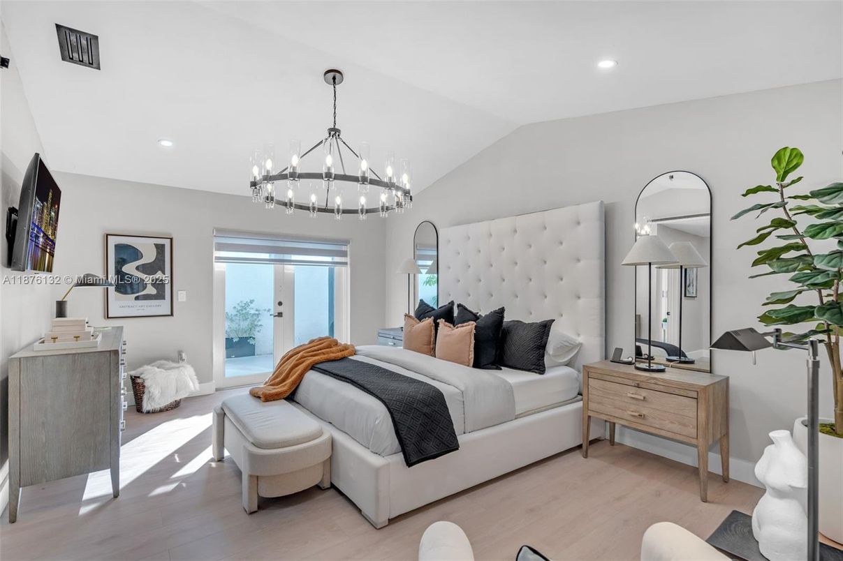 Bedroom, Chandelier, Interior, Recessed Lighting, Wood Texture Flooring