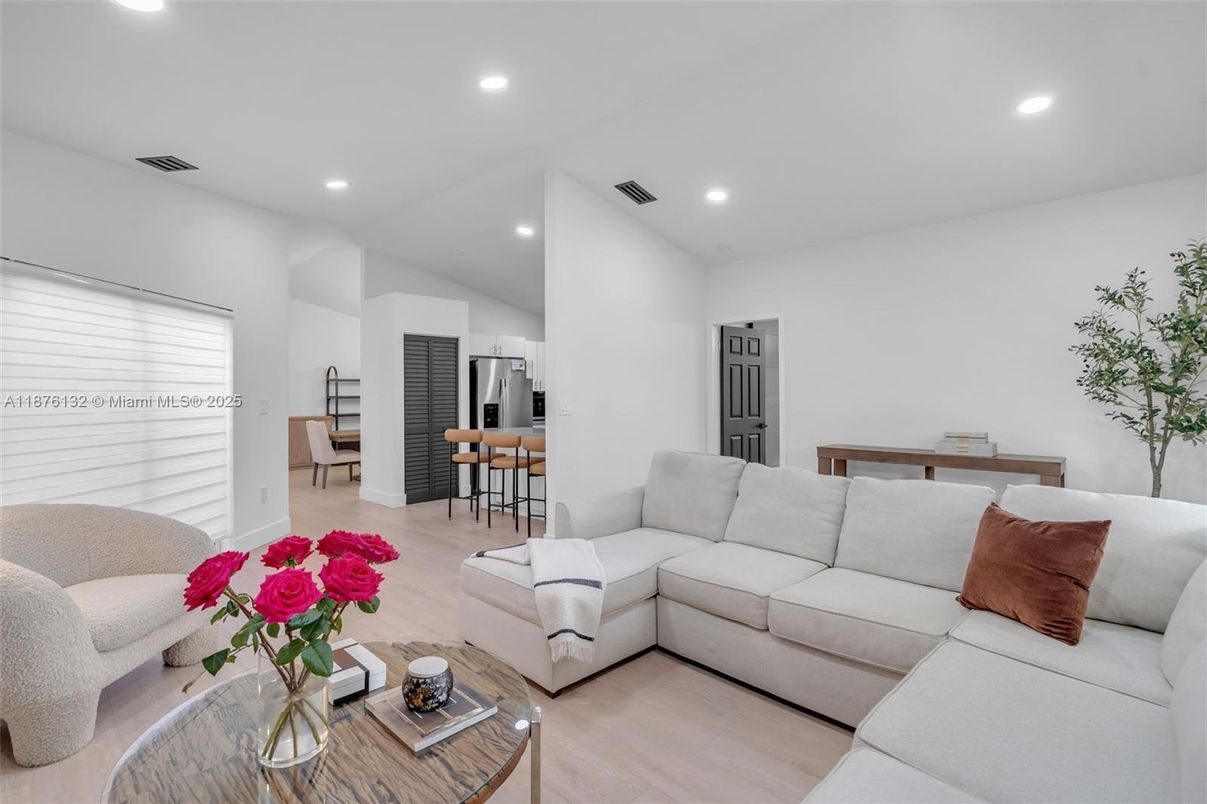 Dining room, Interior, Kitchen, Living room, Recessed Lighting, Stainless Steel Appliances, Wood Texture Flooring