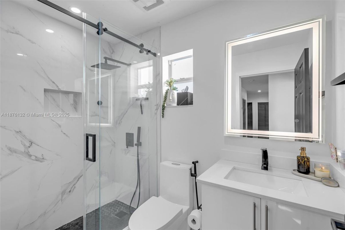 Bathroom, Glass Shower, Interior, Marble Walls, Recessed Lighting