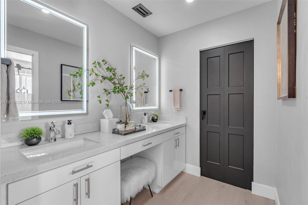 Bathroom, Dual Sink Vanities, Interior, Recessed Lighting, Wood Texture Flooring