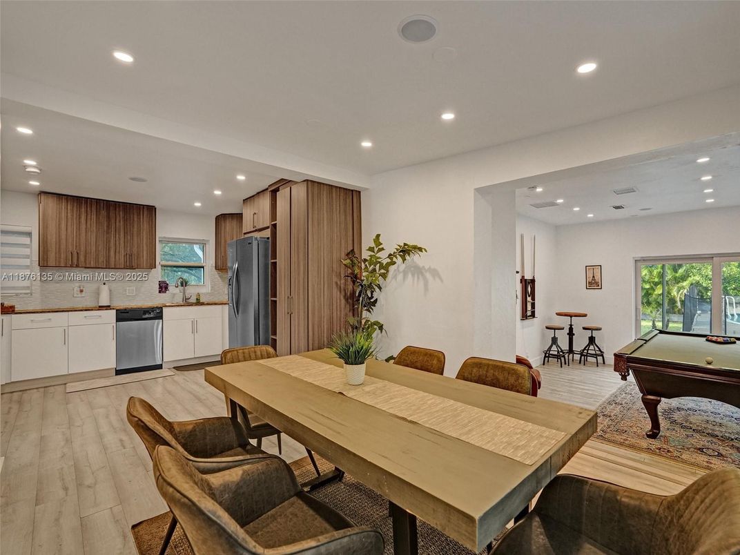 Billiard Table, Dining room, Game Room, Interior, Kitchen, Recessed Lighting, Wood Texture Flooring