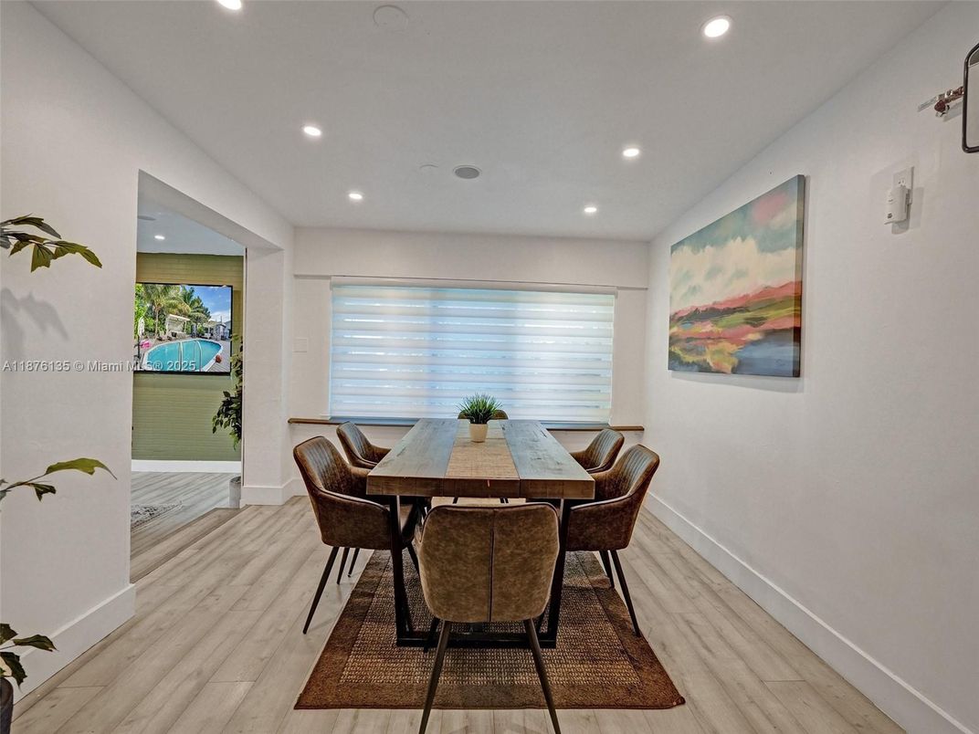 Dining room, Interior, Recessed Lighting, Wood Texture Flooring