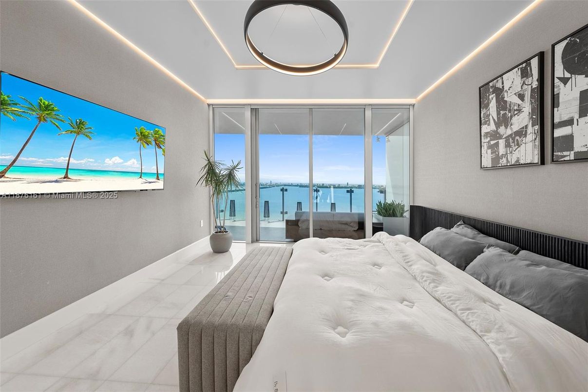 Bedroom, Interior, Marble, Pendant Lights, Water