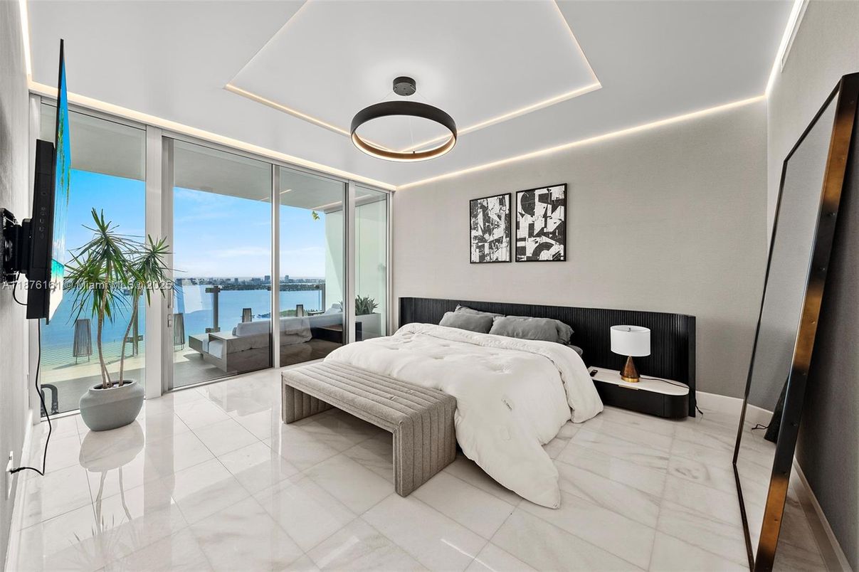 Bedroom, Interior, Marble, Pendant Lights, Water