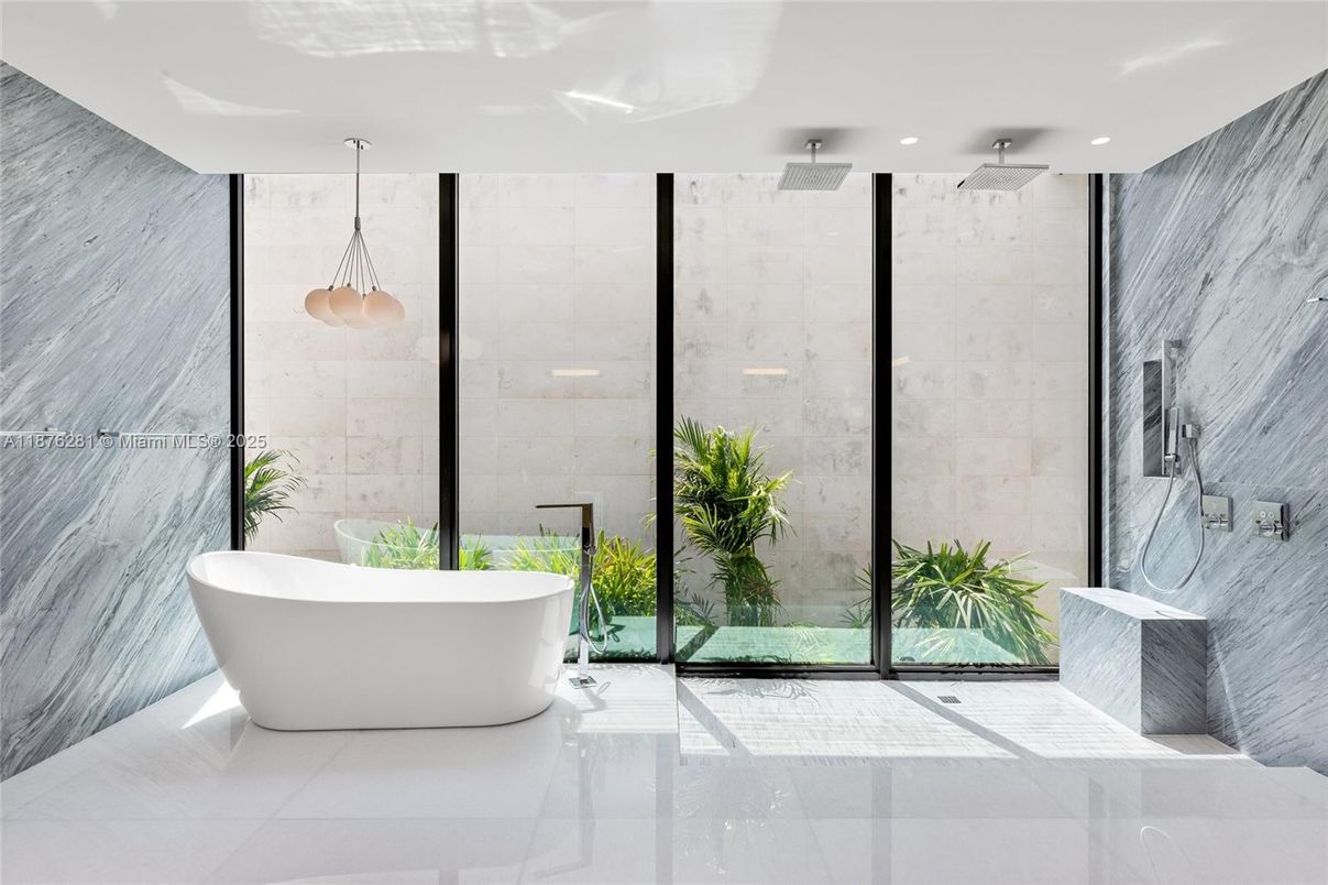 Bathroom, Free Standing Baths, Glass Shower, Interior, Marble Walls, Recessed Lighting