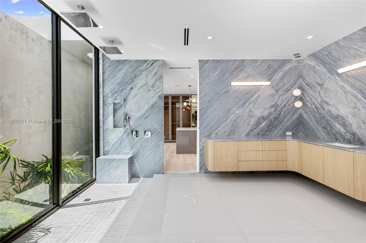 Bathroom, Glass Shower, Interior, Marble Walls, Pendant Lights, Recessed Lighting