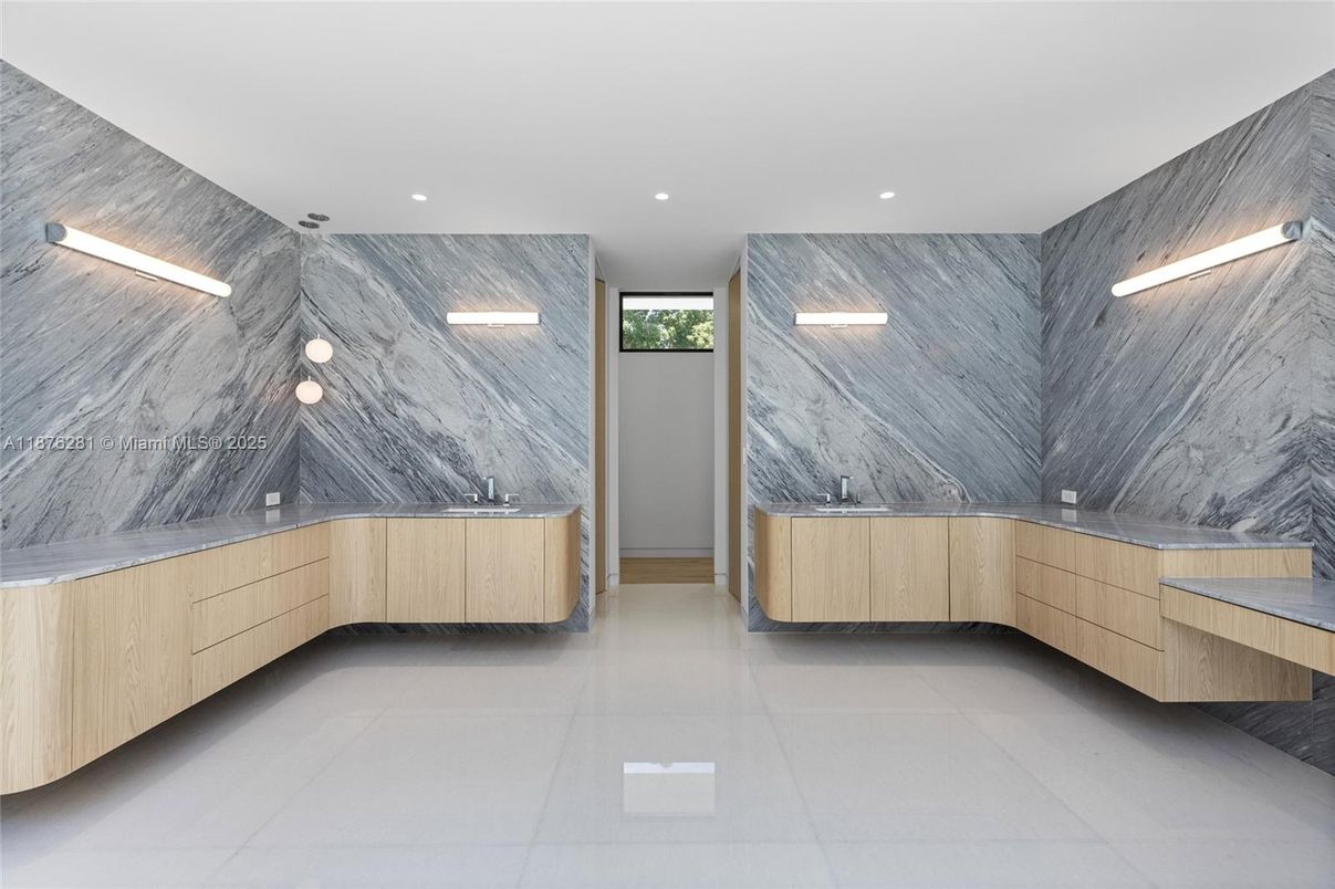 Bathroom, Dual Sink Vanities, Interior, Marble Walls, Recessed Lighting