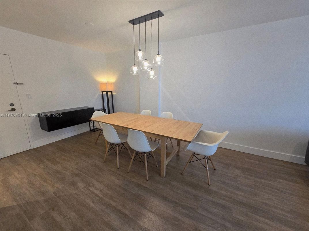 Dining room, Interior, Pendant Lights, Wood Texture Flooring