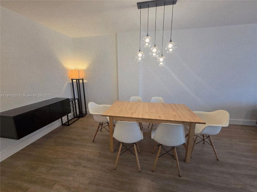 Dining room, Interior, Pendant Lights, Wood Texture Flooring