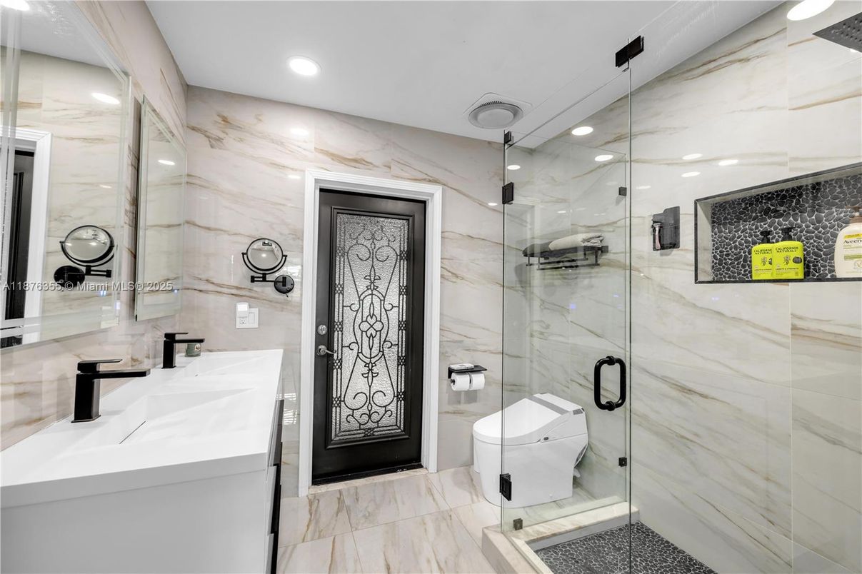 Bathroom, Glass Shower, Interior, Marble, Marble Walls, Recessed Lighting