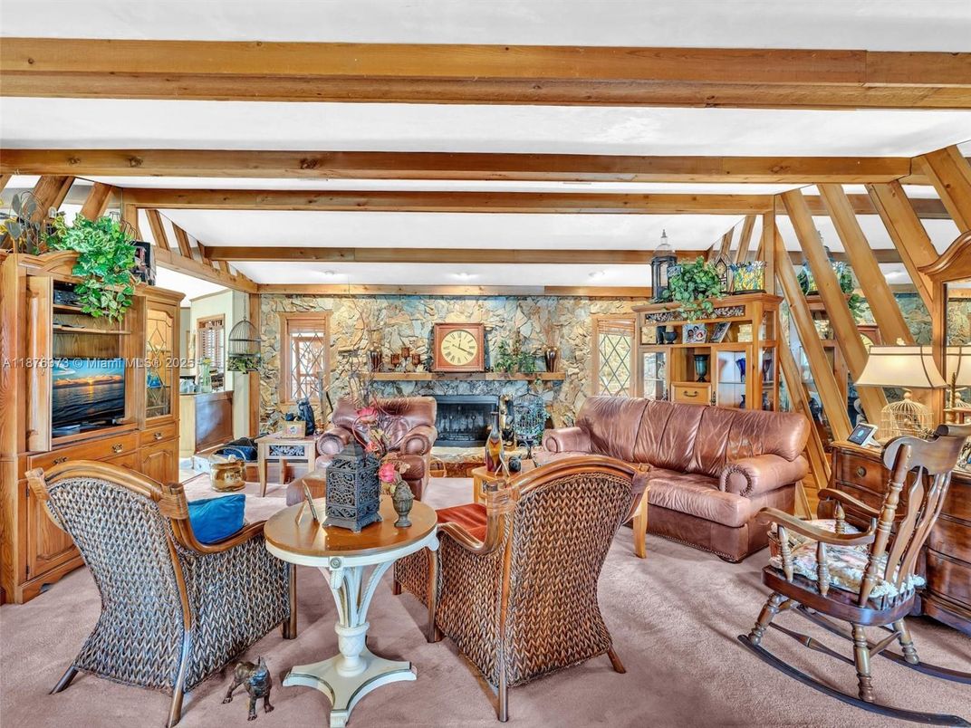 Fireplace, Interior, Living room, Recessed Lighting, Stone Walls, Wooden Beams