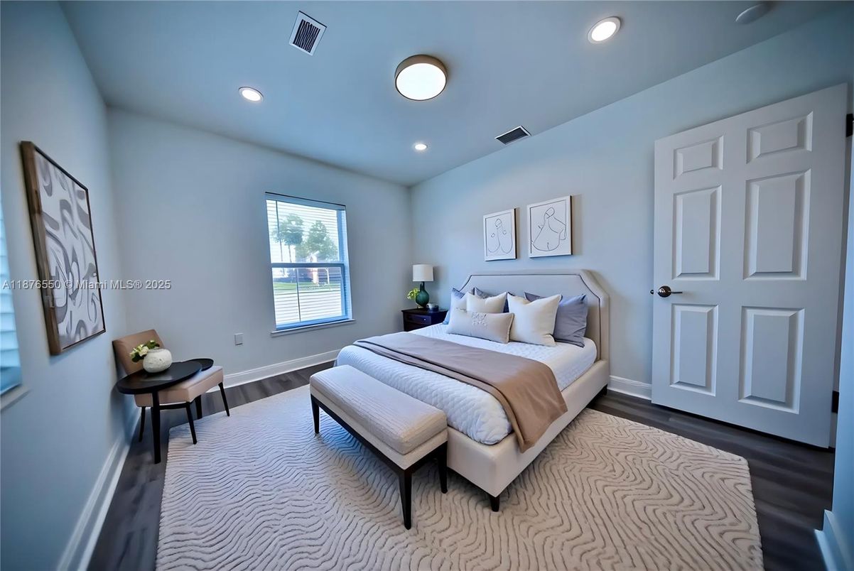 Bedroom, Interior, Recessed Lighting, Wood Texture Flooring