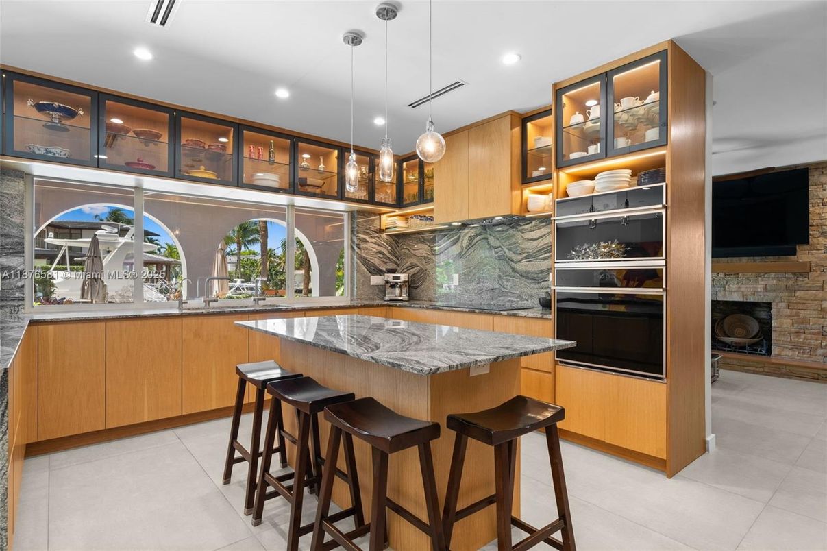 Interior, Kitchen, Pendant Lights, Recessed Lighting, Stainless Steel Appliances, Stone Walls