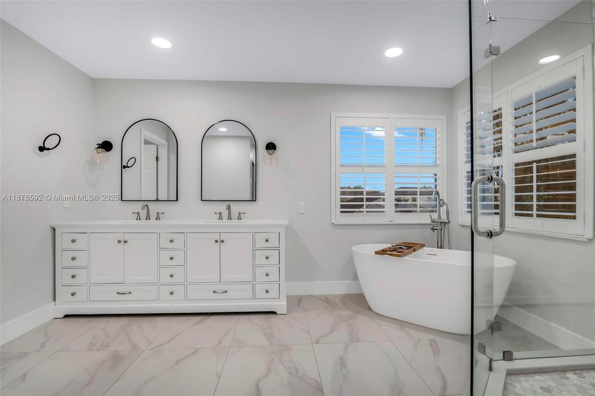 Bathroom, Dual Sink Vanities, Free Standing Baths, Interior, Marble, Recessed Lighting