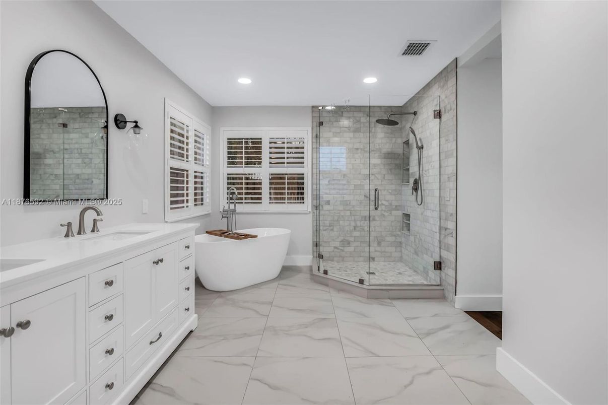 Bathroom, Dual Sink Vanities, Free Standing Baths, Glass Shower, Interior, Marble, Recessed Lighting