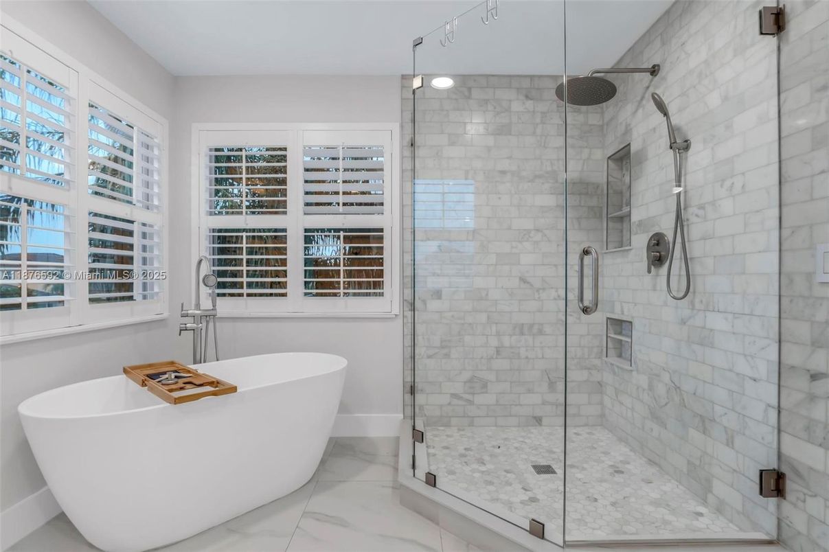 Bathroom, Free Standing Baths, Glass Shower, Interior, Marble, Marble Walls