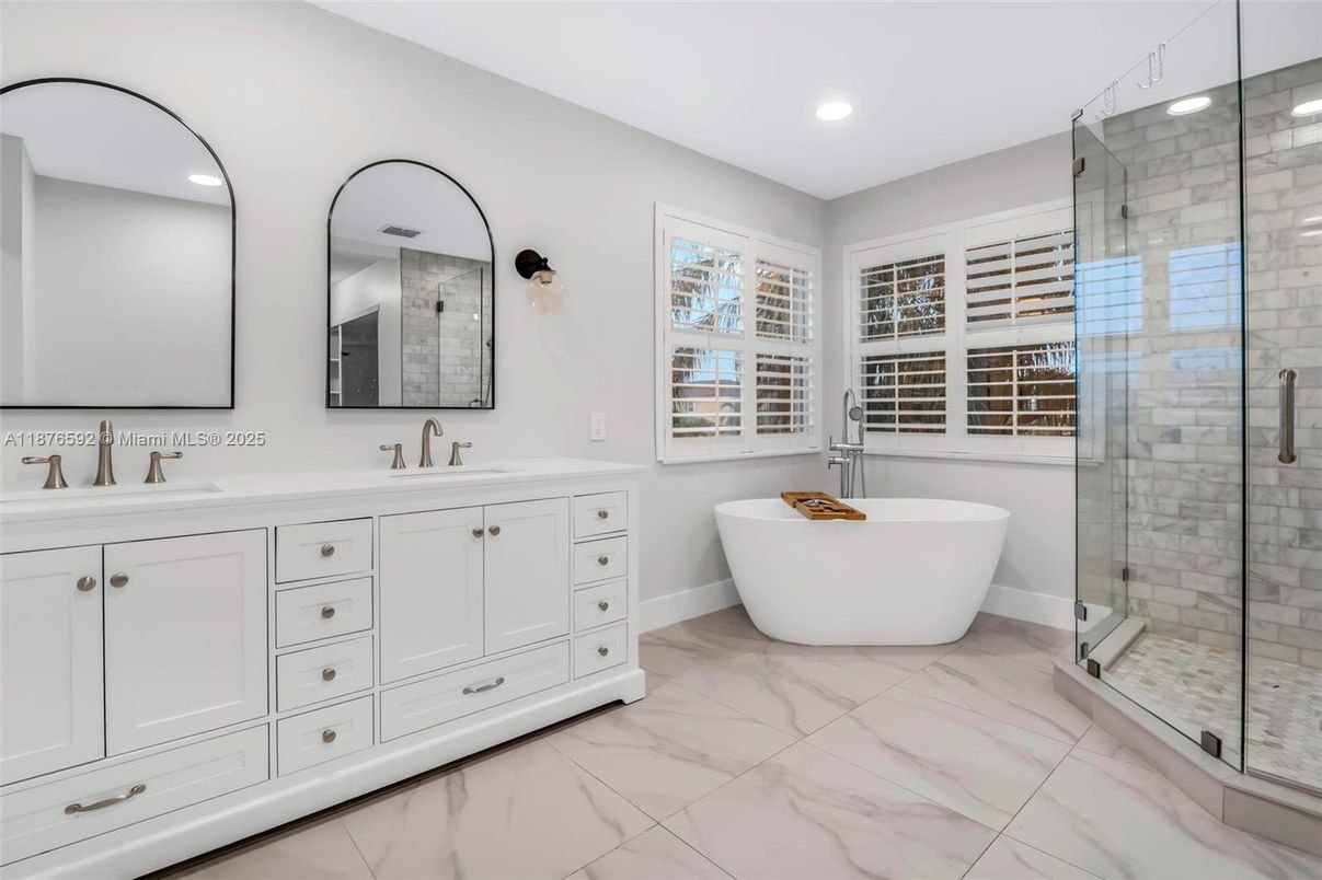 Bathroom, Dual Sink Vanities, Free Standing Baths, Glass Shower, Interior, Marble, Recessed Lighting