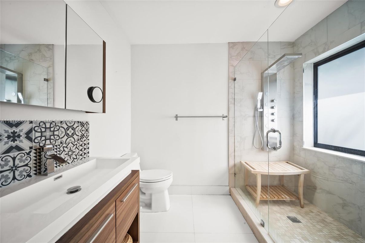 Bathroom, Glass Shower, Interior, Marble Walls, Recessed Lighting