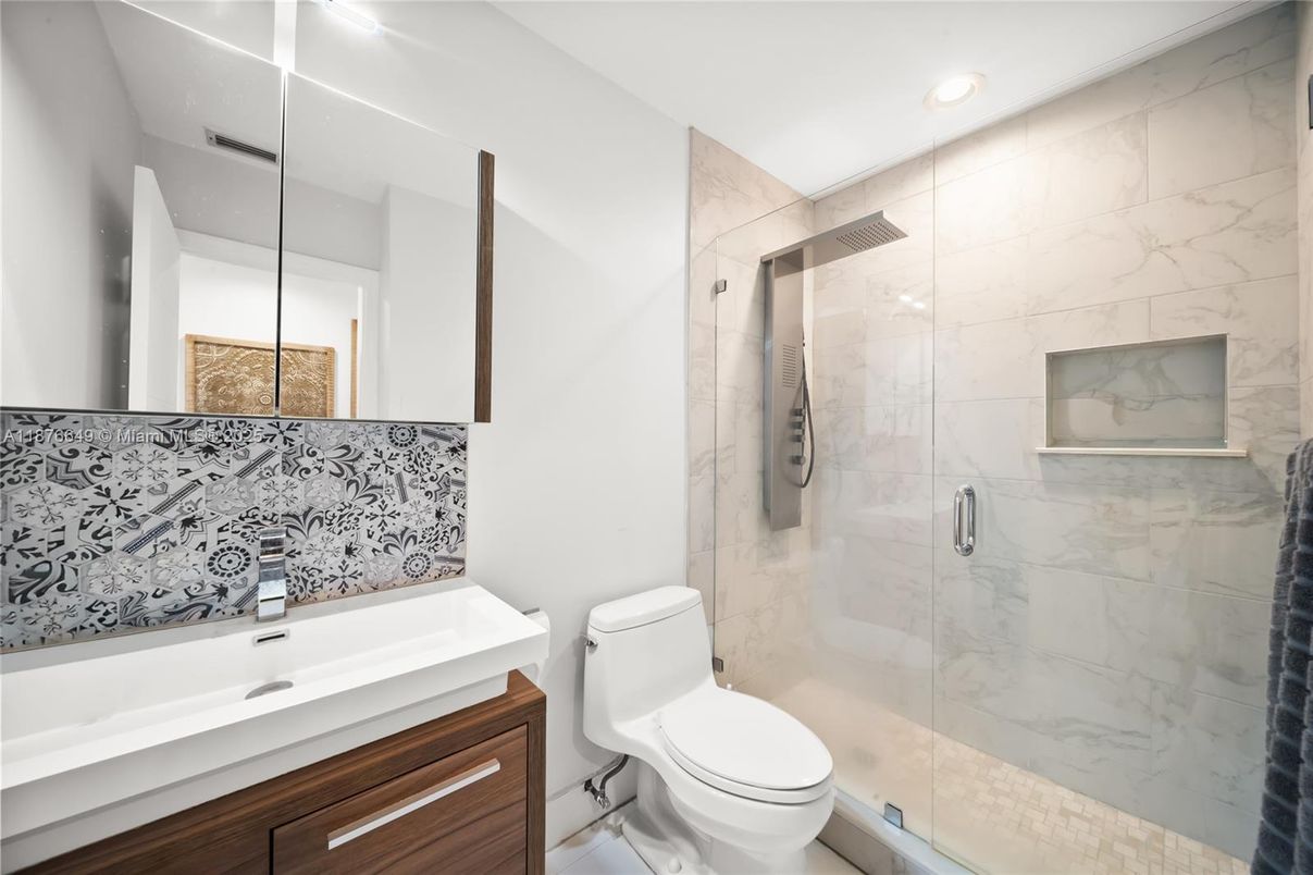 Bathroom, Glass Shower, Interior, Marble Walls, Recessed Lighting