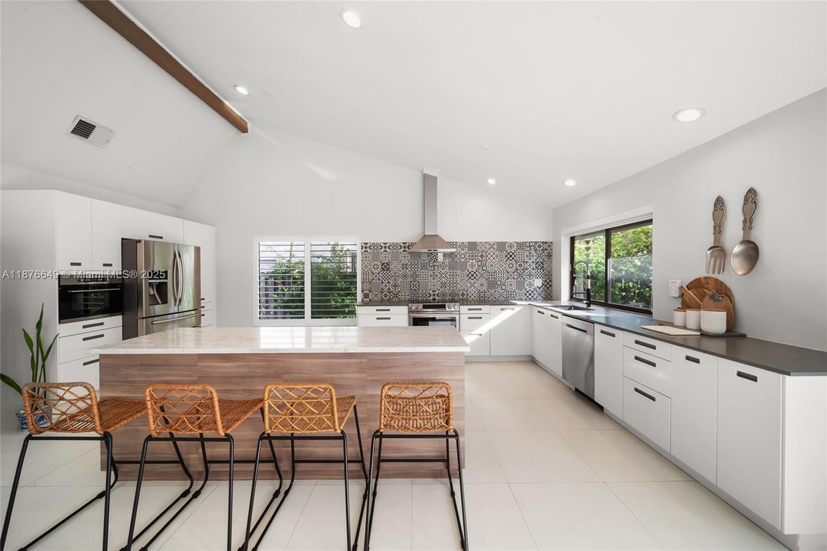 Interior, Kitchen, Recessed Lighting, Stainless Steel Appliances, Wooden Beams