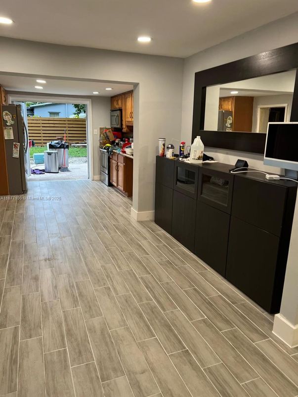 Interior, Kitchen, Recessed Lighting, Wood Texture Flooring