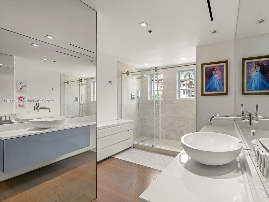 Bathroom, Dual Sink Vanities, Free Standing Baths, Glass Shower, Interior, Recessed Lighting, Wood Texture Flooring