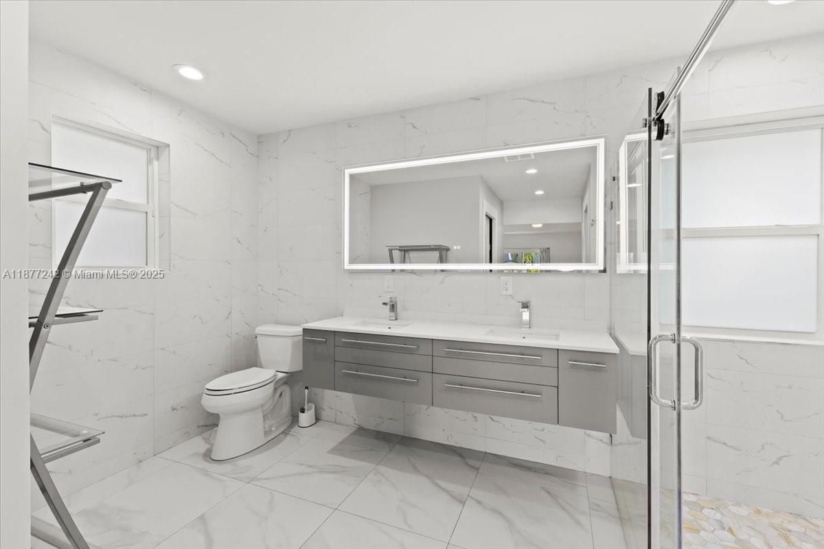 Bathroom, Glass Shower, Interior, Marble, Marble Walls, Recessed Lighting