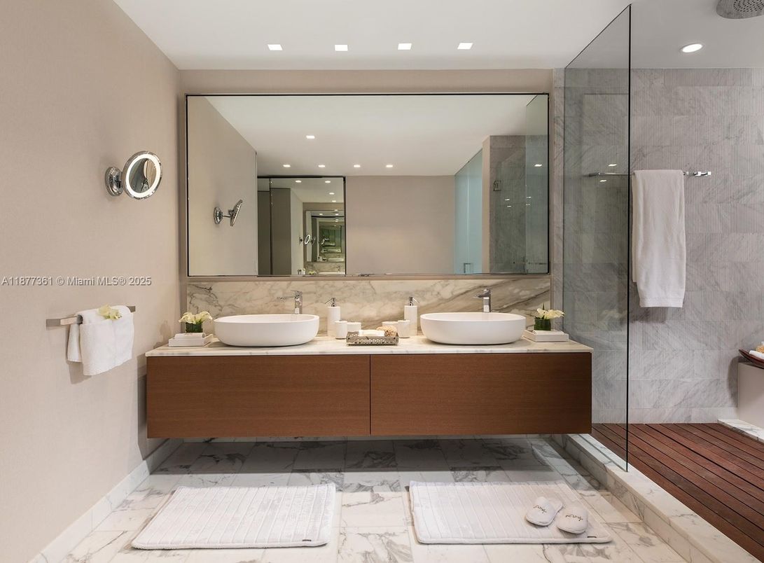 Bathroom, Dual Sink Vanities, Glass Shower, Interior, Marble, Recessed Lighting