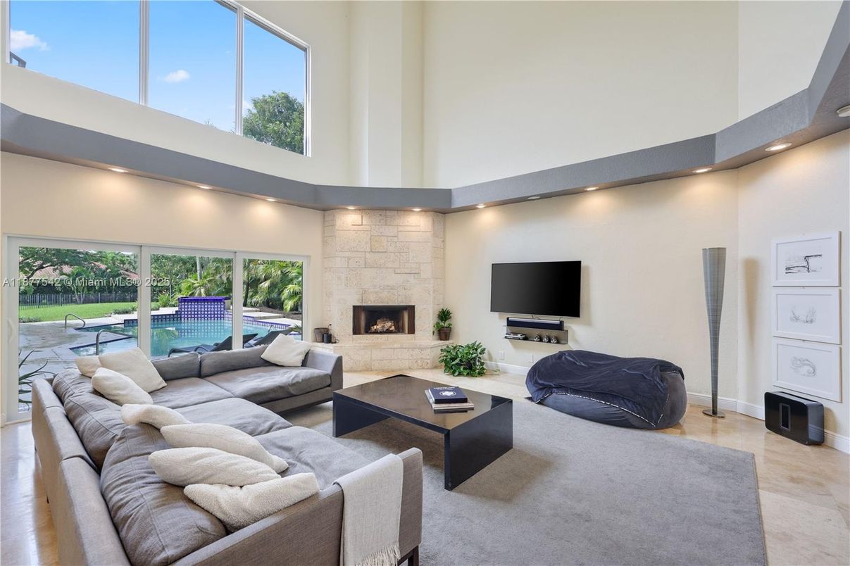 Fireplace, Interior, Living room, Recessed Lighting, Stone Walls